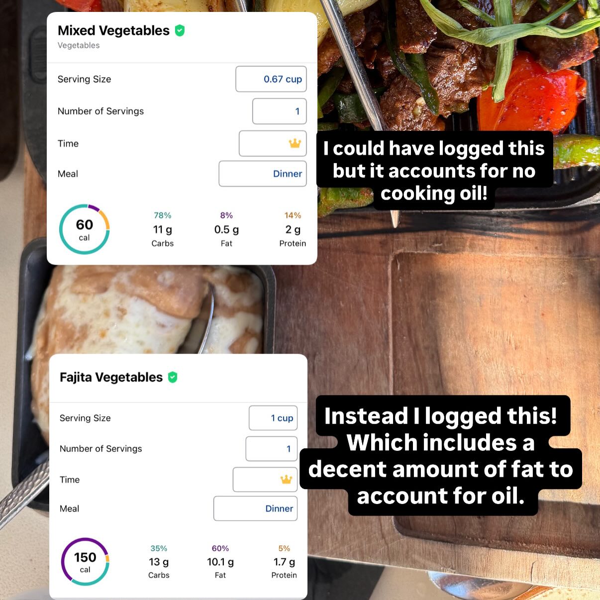 MyFitnessPal: logged extras — corn tortilla, tortilla chips, salsa, cucumber (~155 cal total)