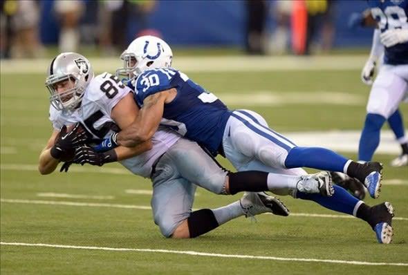 APEX PWR co-founder Jeron Mastrud playing tight end in the NFL for the Raiders against the Colts