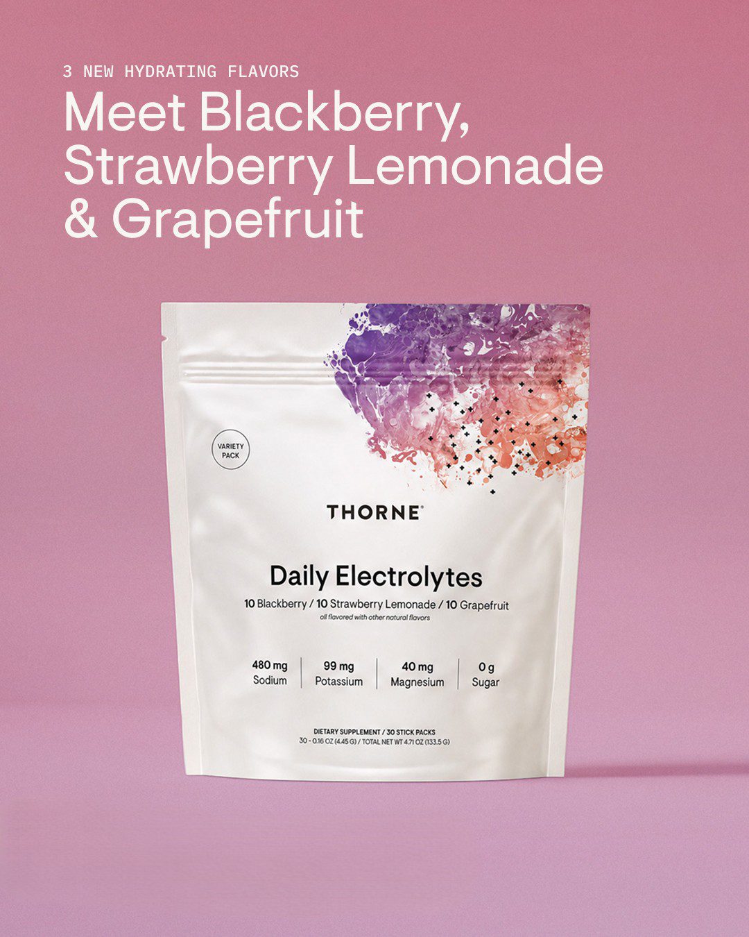 Thorne Daily Electrolytes Variety Pack with the new Blackberry, Strawberry Lemonade, and Grapefruit flavors, available at 25% off through APEX PWR in Tigard, Oregon