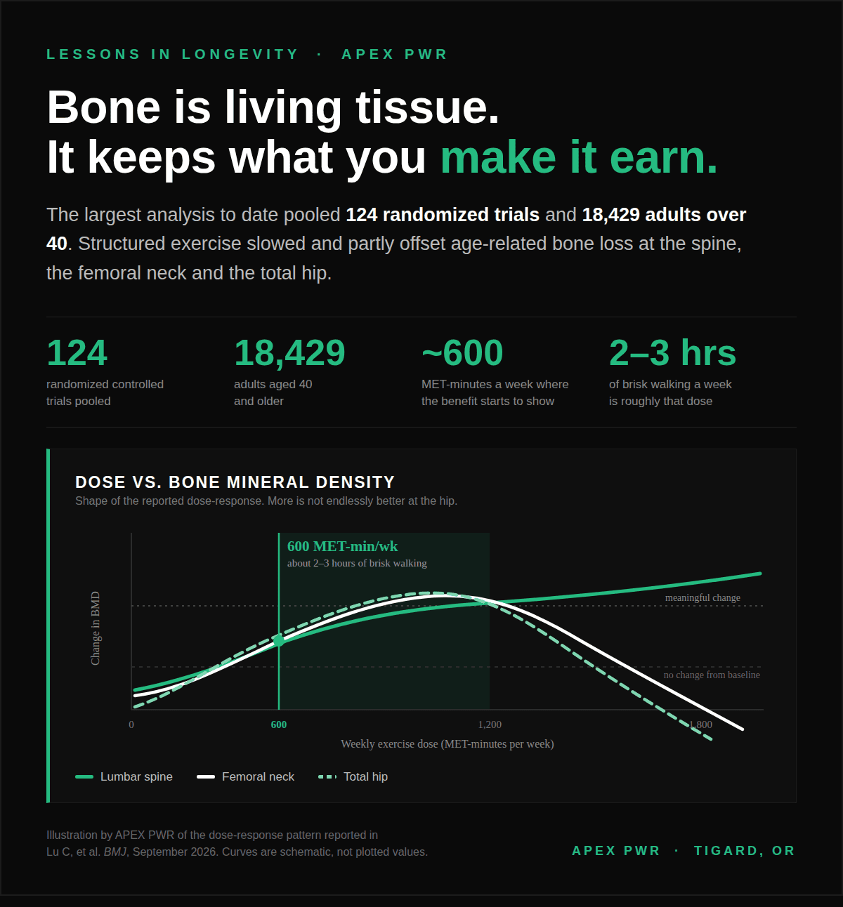 Chart showing the dose-response relationship between weekly exercise volume in MET-minutes and change in bone mineral density at the lumbar spine, femoral neck and total hip, with benefit appearing around 600 MET-minutes per week