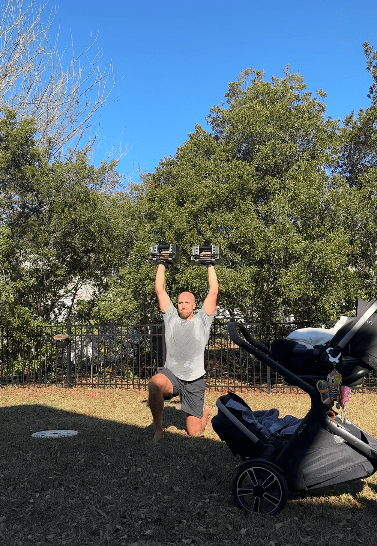 Jeron Mastrud working out in his backyard while his twins are asleep
