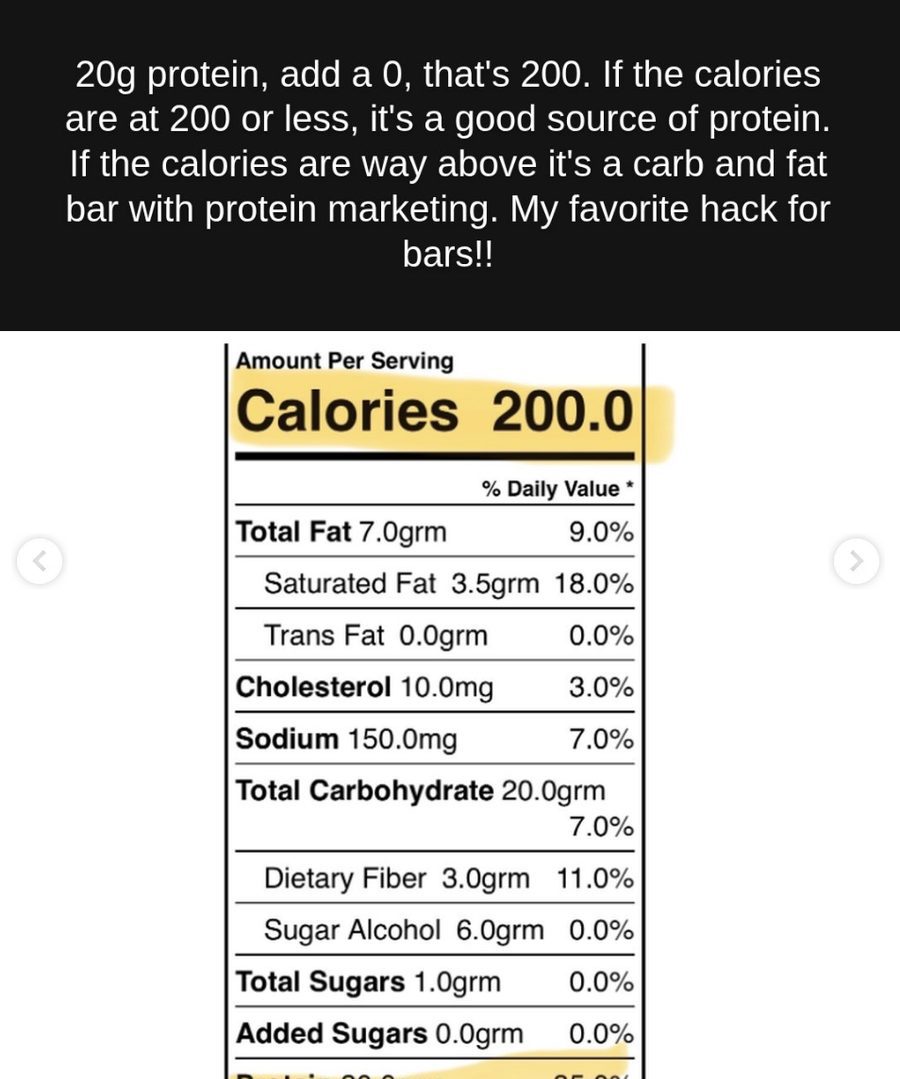 Nutrition facts panel highlighting 200 calories and 20 grams of protein, passing the protein check
