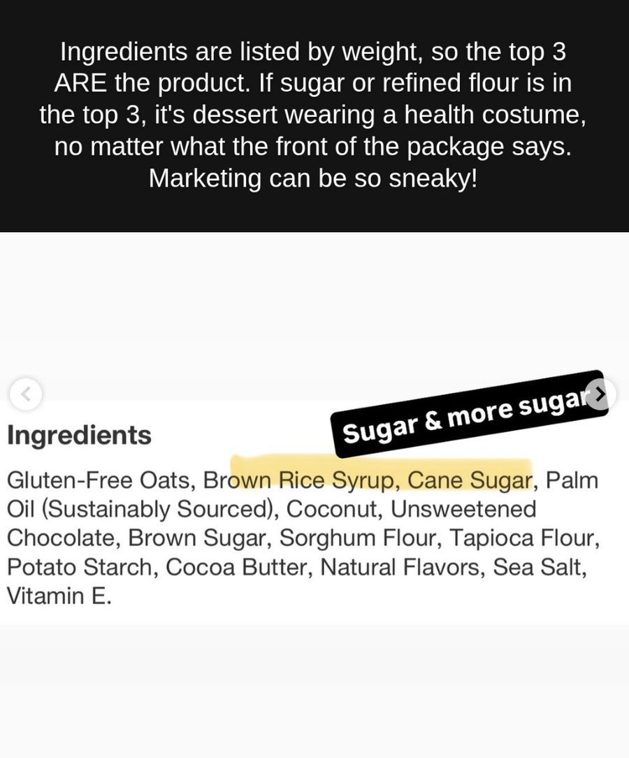 Ingredient list with brown rice syrup and cane sugar highlighted in positions two and three, labelled sugar and more sugar