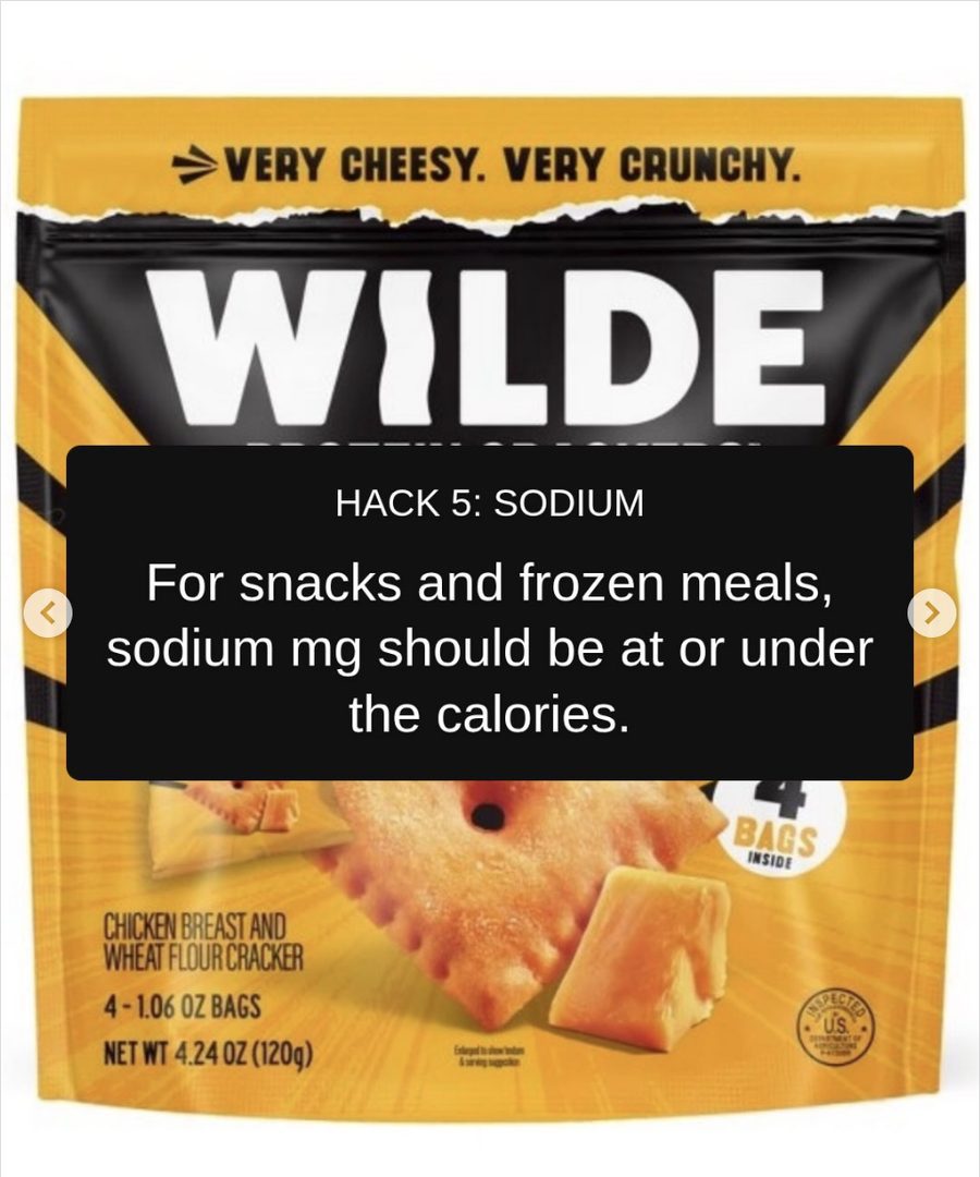 Slide reading Hack 5 Sodium, for snacks and frozen meals sodium milligrams should be at or under the calories, over a bag of Wilde protein crackers