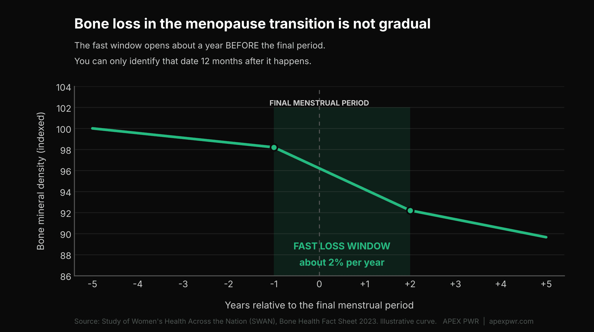 Line chart showing bone mineral density falling steeply in a highlighted fast loss window that opens one year before the final menstrual period and runs about three years at roughly two percent per year