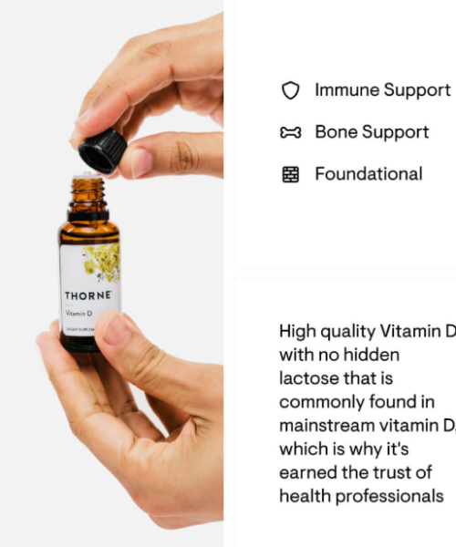 Thorne vitamin D bottle, Thorne immune support supplement, Thorne bone health support, Thorne foundational nutrition, lactose-free Thorne vitamin D, Thorne 25% lifetime discount