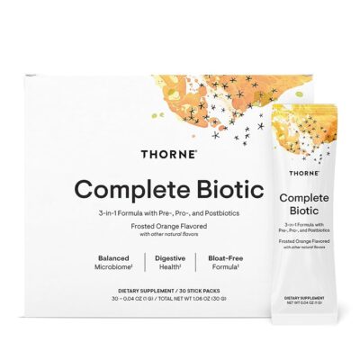 ss Thorne Complete Biotic 25% off, gut health supplement, prebiotic probiotic postbiotic combo, orange-flavored powder stick, supports digestion, reduces bloating, improves bowel regularity, microbiome balance, no pills, no refrigeration, family-friendly formula, clinically studied, APEX PWR lifetime Thorne discount, daily gut support, immune and GI health benefits, convenient travel packs