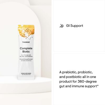 ss2 Thorne Complete Biotic 25% off, gut health supplement, prebiotic probiotic postbiotic combo, orange-flavored powder stick, supports digestion, reduces bloating, improves bowel regularity, microbiome balance, no pills, no refrigeration, family-friendly formula, clinically studied, APEX PWR lifetime Thorne discount, daily gut support, immune and GI health benefits, convenient travel packs